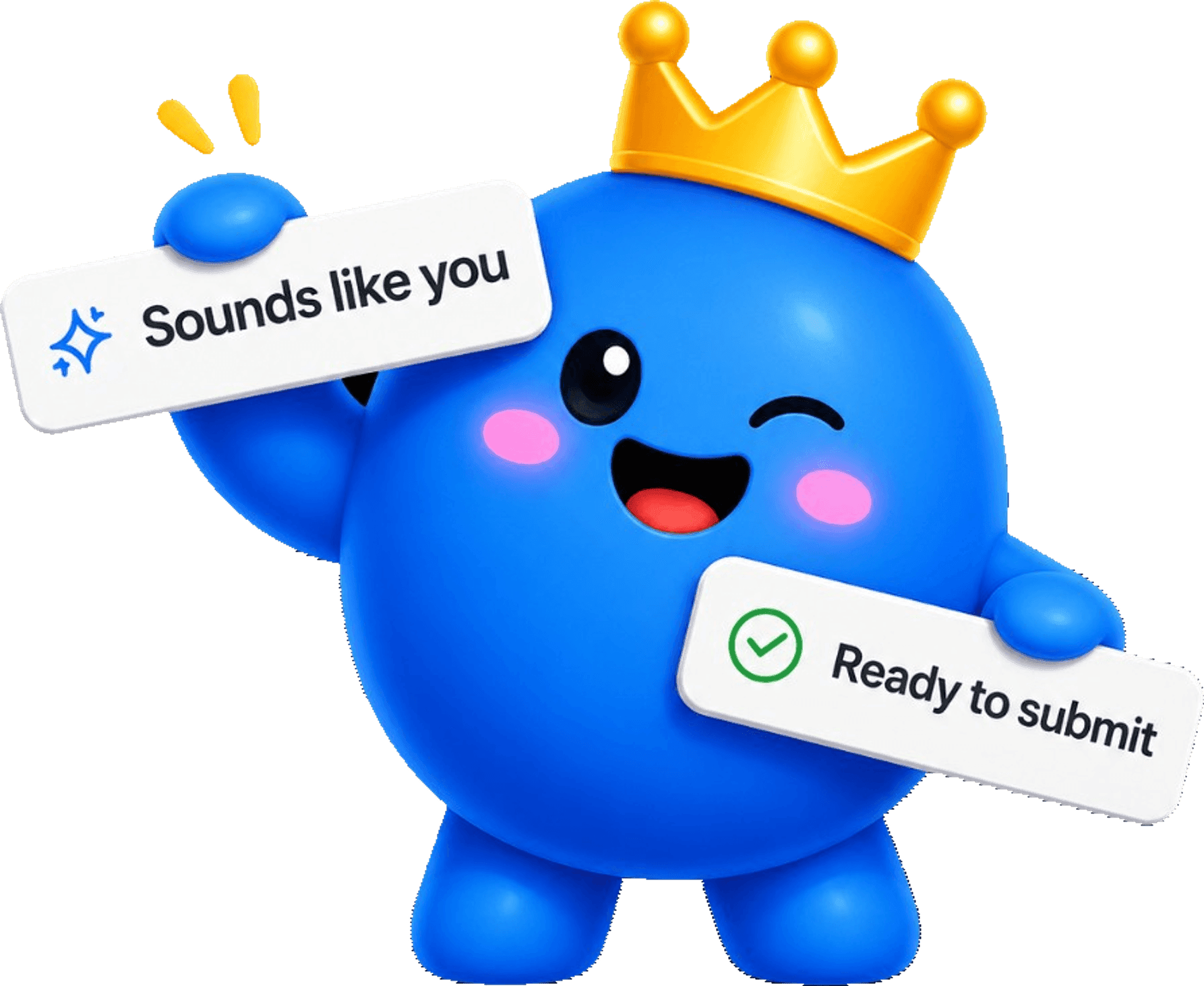 TooEasyApps mascot holding labels that read Sounds like you and Ready to submit