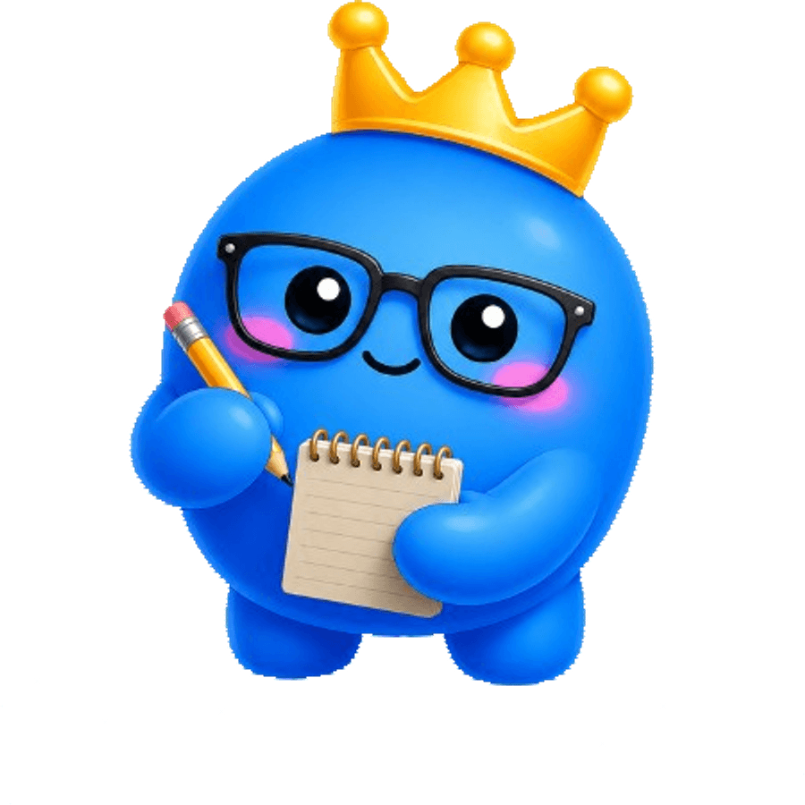 TooEasyApps mascot with crown, glasses, pencil, and notepad
